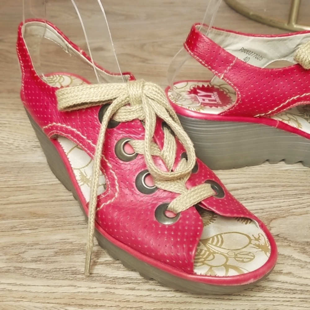 Fly London Luna Wedge Heel Red Open Toe Lace Up Heel Sandals Comfortable - Picture 2 of 15